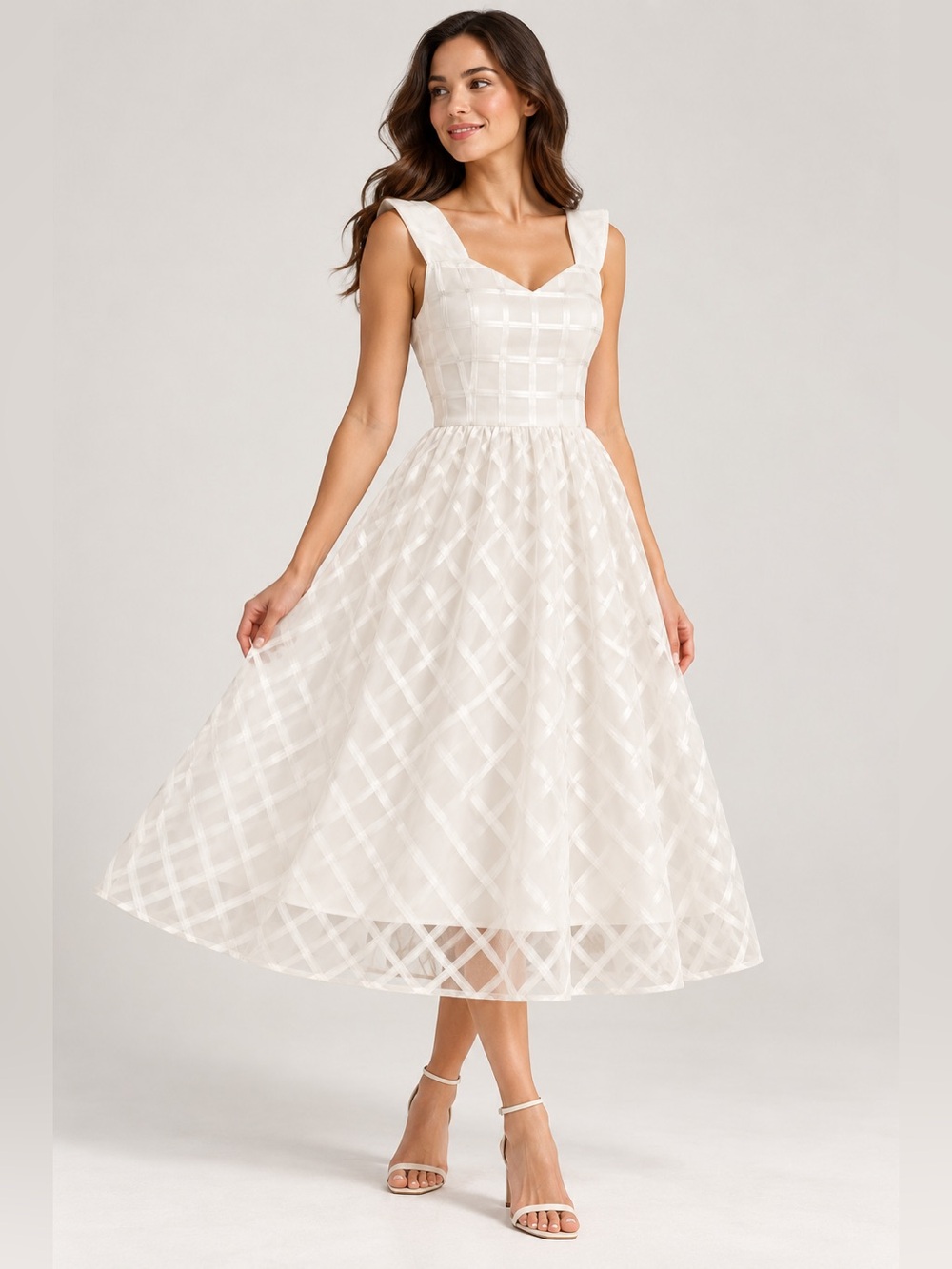 Lace & Mesh Ivory Windowpane Organza Fit & Flare Dress Size M Bridal Romantic.